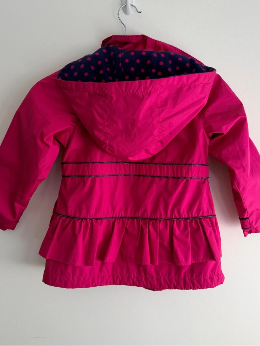 London Fog Girls Bright Pink Hooded Raincoat with Navy Polka-Dot Lining